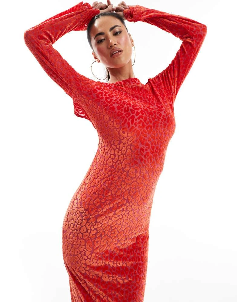 ASOS ASOS DESIGN low back sheer burnout mesh maxi dress with angel sleeves in red 2