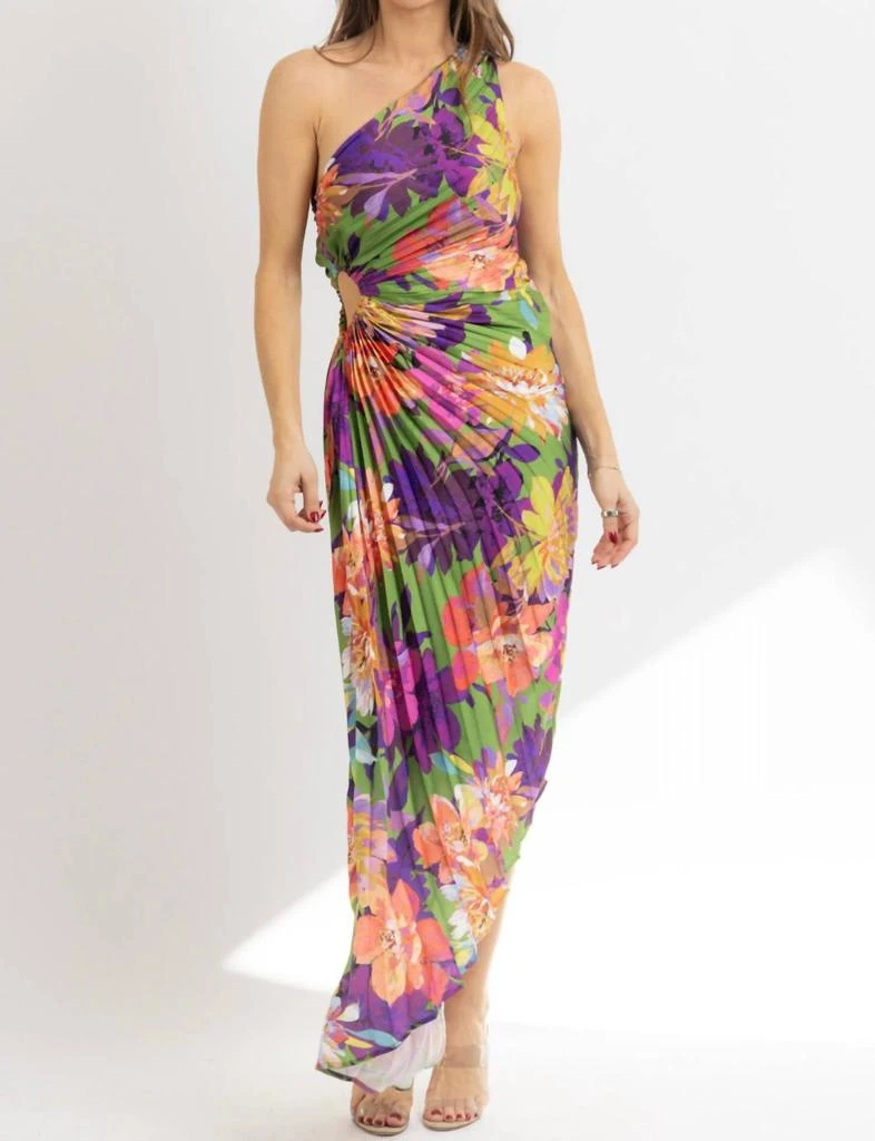 knee length dresses for ladies Green Floral Satin O Ring Midi Dress M main image 1