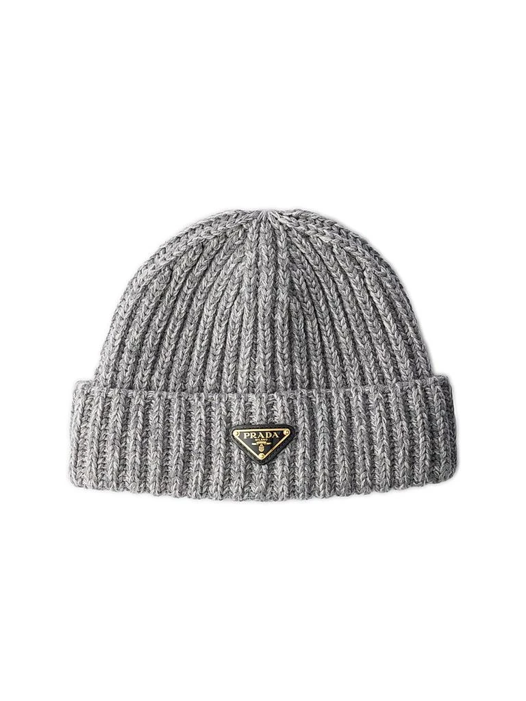 Prada Black and Gray Knit Beanie Logo ribbed-knit wool and cashmere beanie in grey - Prada  main image 2