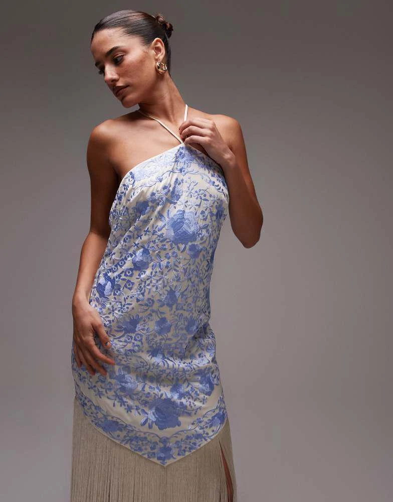 Mango Mango embroidered satin scarf dress with fringe hem in blue 2