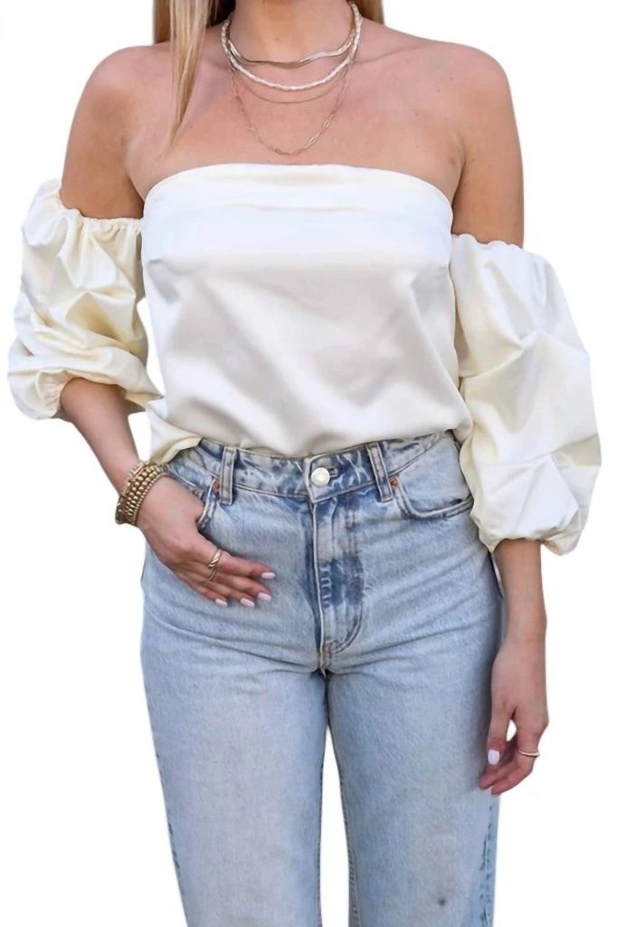 LUMIERE Off The Shoulder Satin Holiday Top In White 1