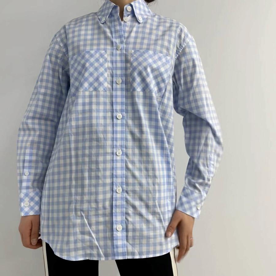 Burberry Ladies Pale Blue Pattern Gingham Cotton Poplin Shirt Dress
