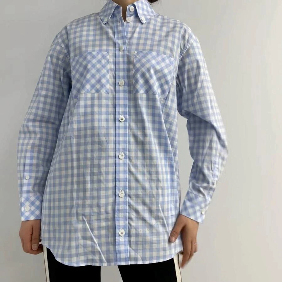 Burberry Ladies Pale Blue Pattern Gingham Cotton Poplin Shirt Dress 1