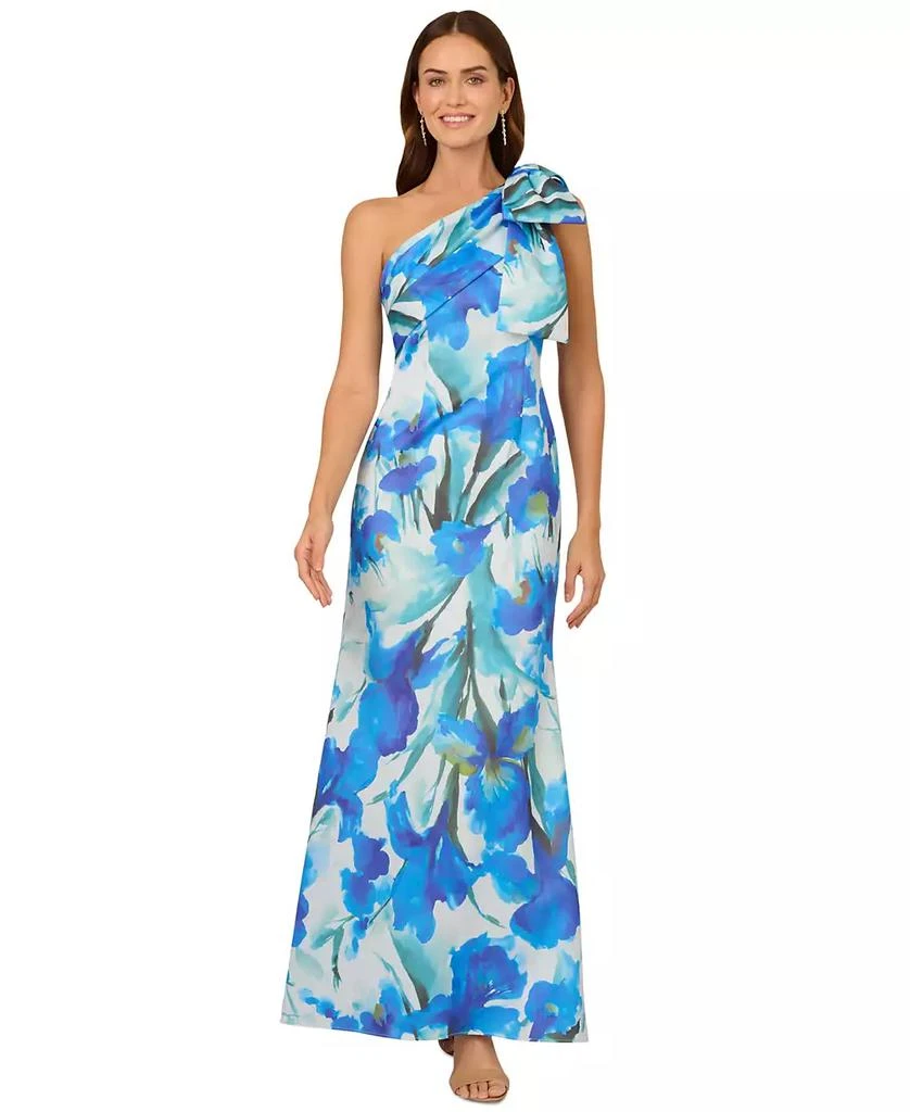 Adrianna Papell Petite Printed Bow One-Shoulder Gown 1