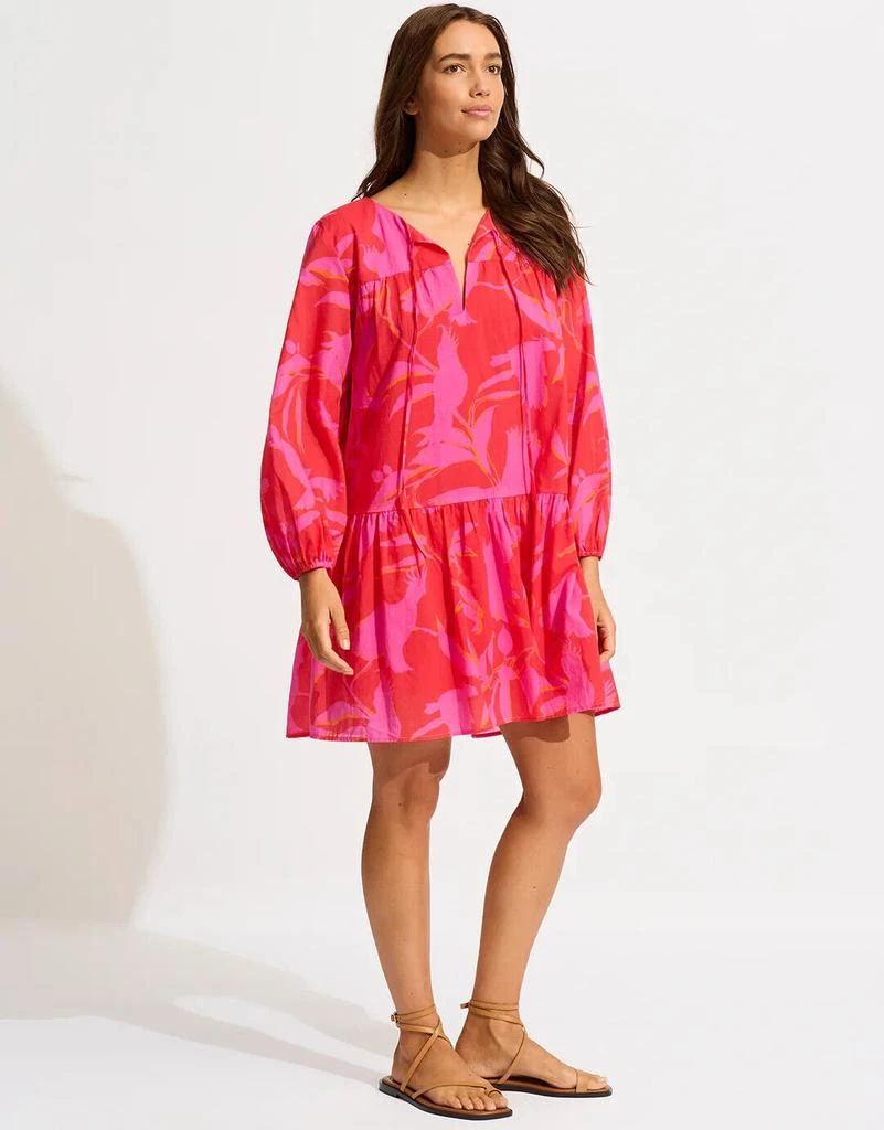 Seafolly Birds Of Paradise Dress Womens XL Pink Cotton Tiered Puff Sleeve ERK351 (Pink,Regular,XL) 2