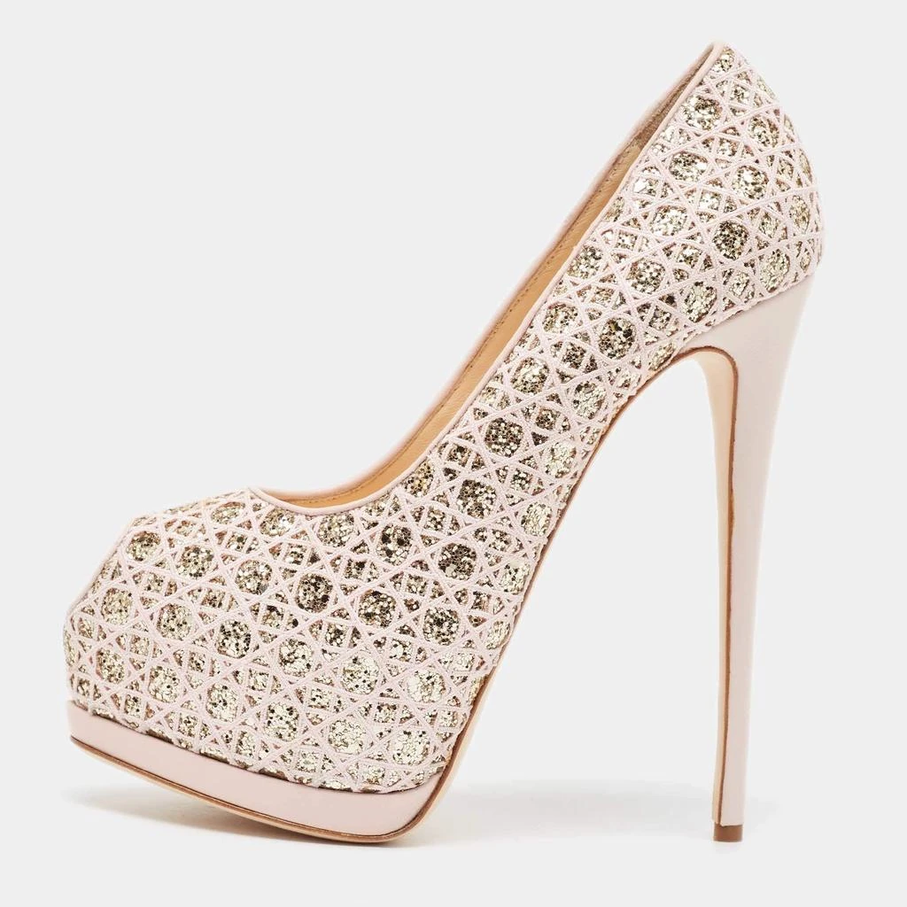 Giuseppe Zanotti Giuseppe Zanotti Pink Glitter Lace and Leather Sharon Platform Peep Toe Pumps Size 41 1