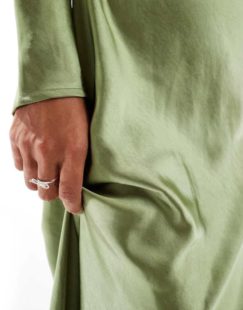 Six Stories Six Stories Bridesmaids long sleeve cowl back satin maxi dress in moss green 3