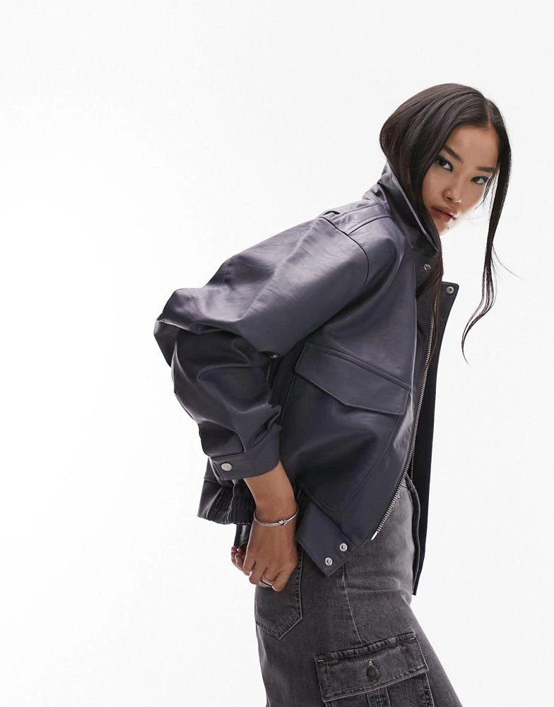 Topshop Topshop faux leather oversized pocket collar bomber jacket in blue 1