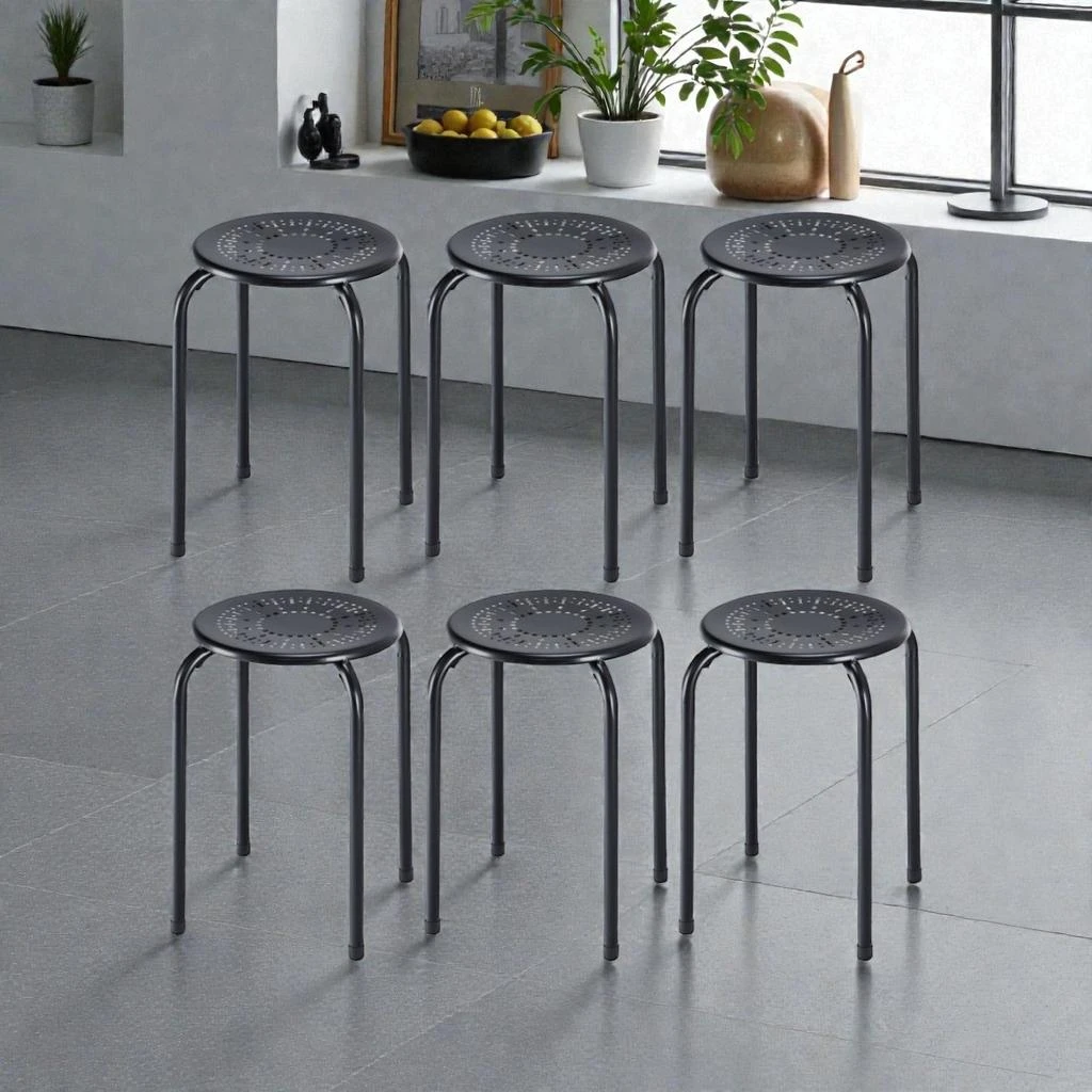 Hivvago Six-Piece Stackable Metal Stool Set with Round Seat and Floral Design 4