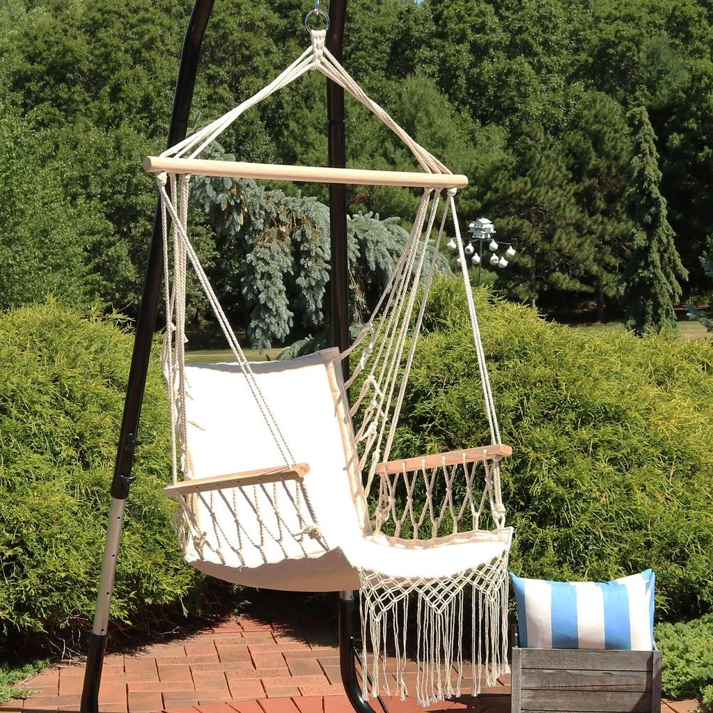 Sunnydaze Outdoor Printed Polycotton Fabric Hammock Chair with Armrests and Hardwood Spreader Bar - 300 lb Capacity - Natural 4