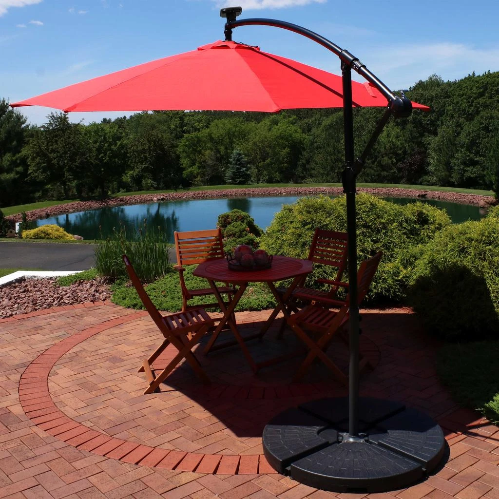 Sunnydaze Outdoor Steel Cantilever Offset Patio Umbrella with Solar LED Lights, Air Vent, Crank, and Base - 9' 4