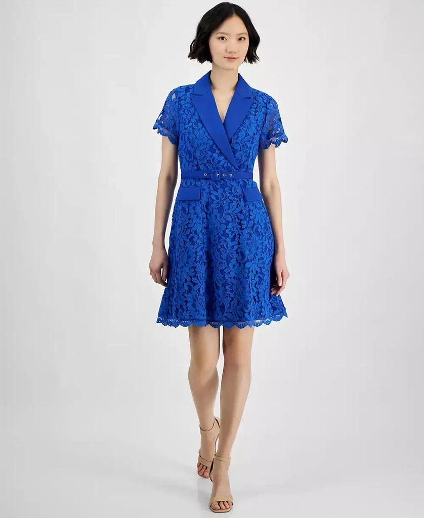 Tahari Tahari Petite Notch-Lapel Belted A-Line Lace Dress 1