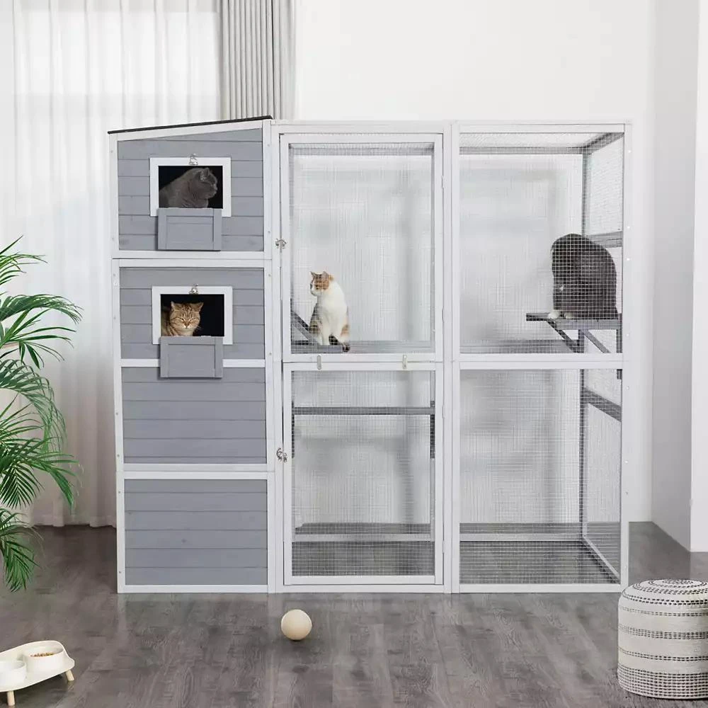 Streamdale Furniture Streamdale Large Wooden Cat Enclosure with Waterproof Roof and Platforms, Gray 2