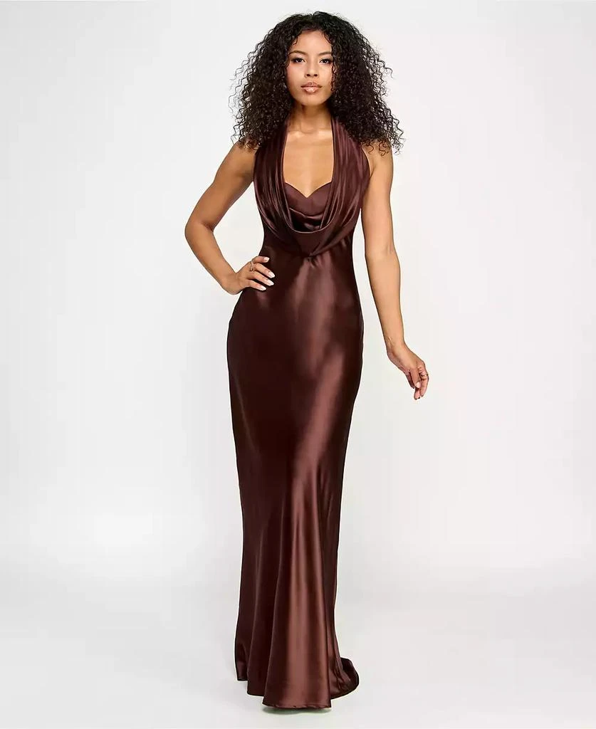KATIA RAE Juniors' Satin Cowl-Neck Halter Gown 1