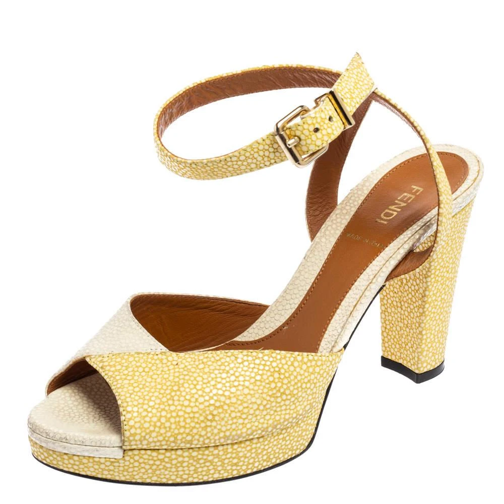 Fendi Fendi White/Yellow Stingray Embossed Leather Ankle Strap Platform Sandals Size 38.5 1