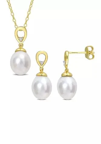 Belk 
Co. 8-9mm South Sea Cultured Freshwater Pearl and White Topaz 2-PC Teardrop Earrings and Pendant w/Chain Set in Yellow Plated Sterling Silver