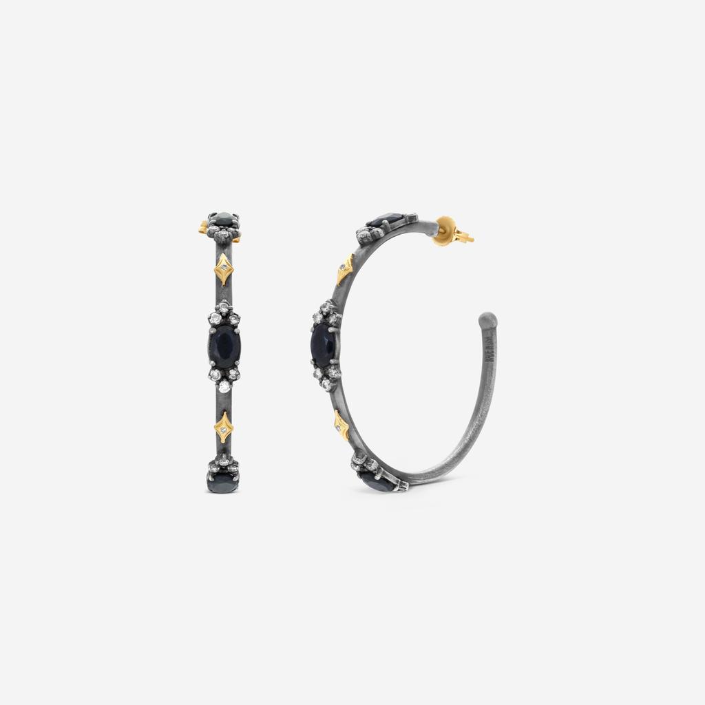 Armenta Armenta Old World 18K Yellow Gold & Blackened Sterling Silver Diamond & Black Sapphire Hoop Earrings 18734