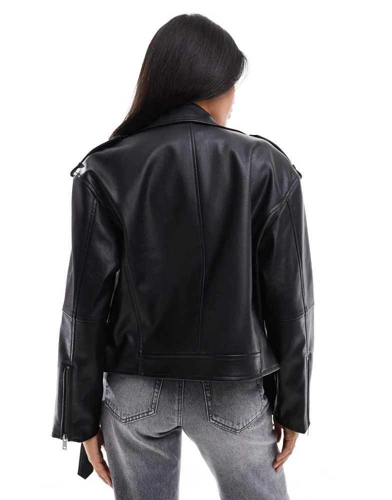 Stradivarius Stradivarius faux leather biker jacket in black 4