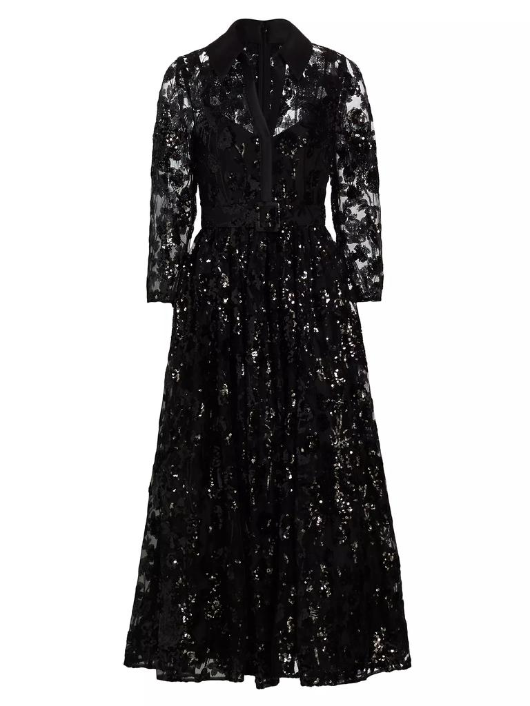 Badgley Mischka Sequined Floral Lace Shirtdress