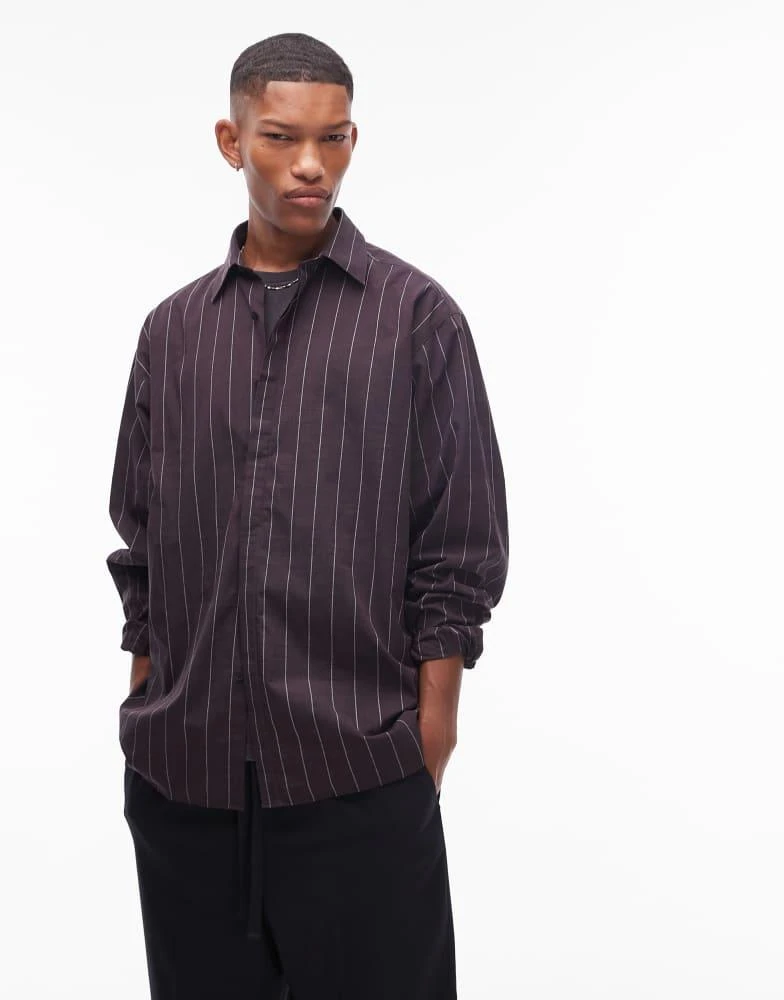 Topman Topman long sleeve oversized stripe shirt in burgundy 1