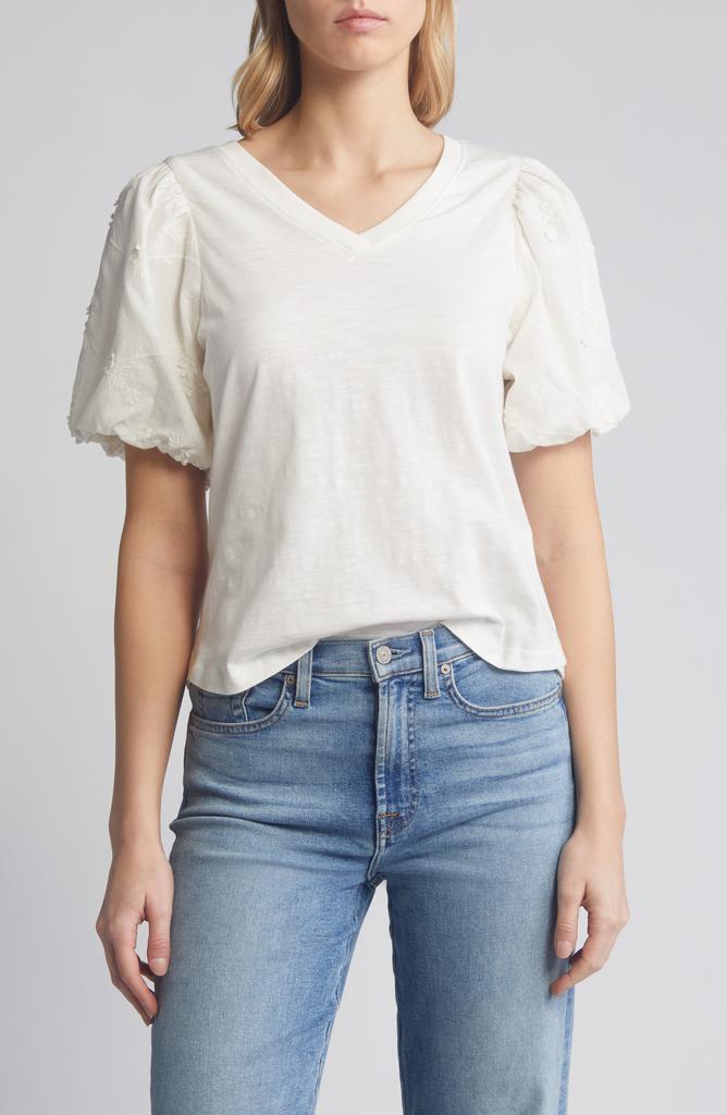 Wit & Wisdom Embroidered Puff Sleeve V-Neck Top