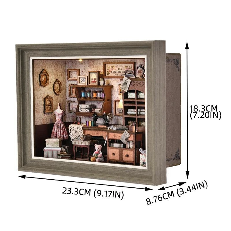ASLOWSNAIL Tailor
s Shop Book Nook Kit - DIY 3D Wooden Puzzle Dollhouse Photo Frame Ornament and Bookend for Home Decoration - Sewing Shop