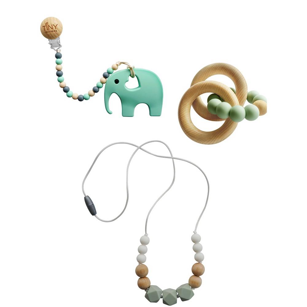 Tiny Teethers Designs 3 Stories Trading Tiny Teethers Infant 3 Piece Silicone And Beech Wood Teething Gift Set, Elephant