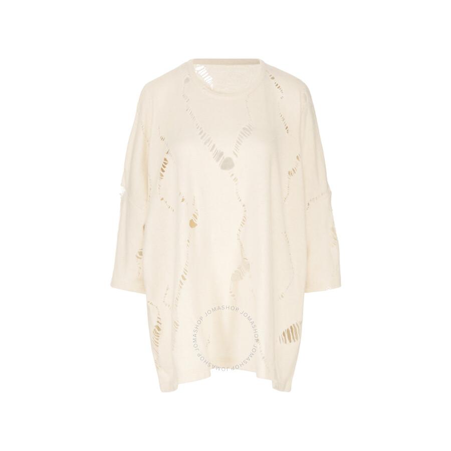 YOHJI YAMAMOTO Ys Ladies Ivory Oversized Wool Blend T-Shirt With Distressed Effect