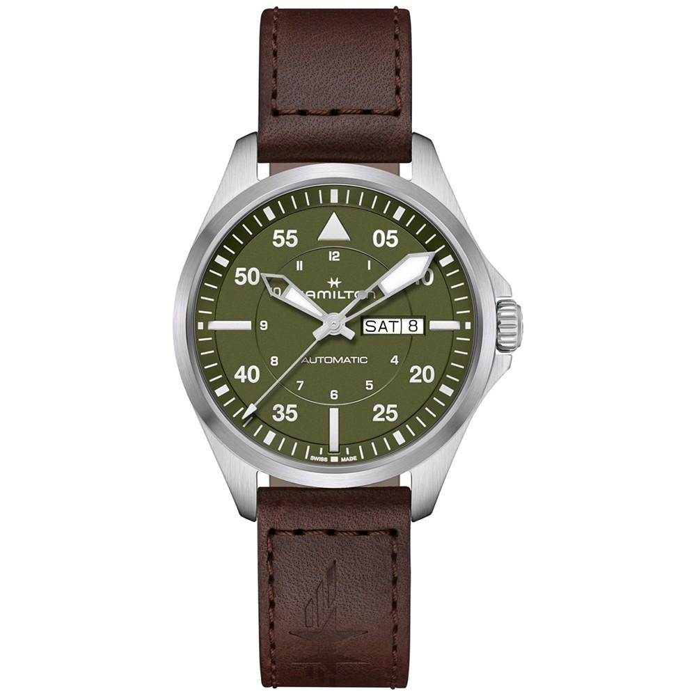 Hamilton Men's Swiss Automatic Khaki Aviation Day Date Brown Leather Strap Watch 42mm
