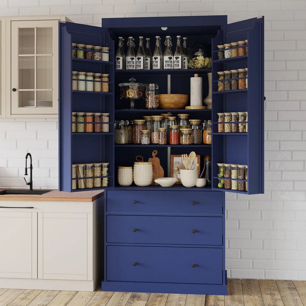 Streamdale Furniture Streamdale 77inch Farmhouse Kitchen Pantry Cabinet with 3 Adjustable Shelves, 8 Door Shelves, 3 Drawers, Blue