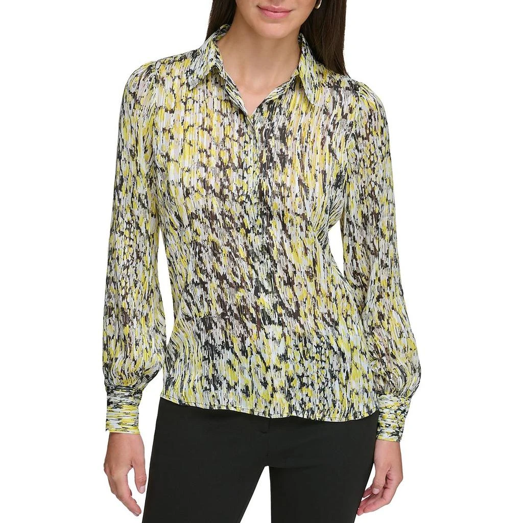 DKNY Womens Sheer Abstract Print Button-Down Top 1