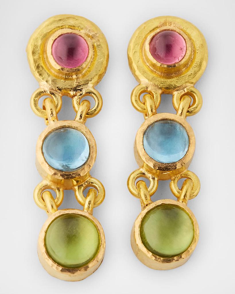 Elizabeth Locke 19K Yellow Gold Tutti Frutti Chandelier Earrings with Pink Tourmaline, Aquamarine and Peridot