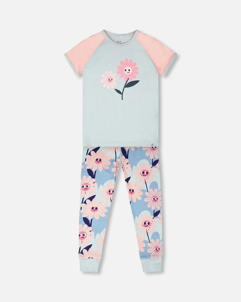 Deux par Deux Organic Cotton Two-Piece Pyjama Set Blue Smiling Flower Print