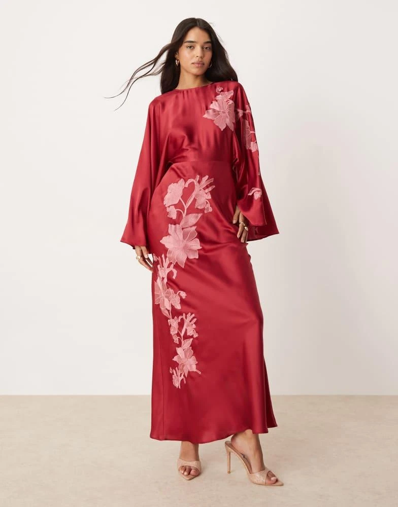 asos design all over embellished maxi dress with flared sleeves Freesia Red Formal Maxi Dress - US 4
