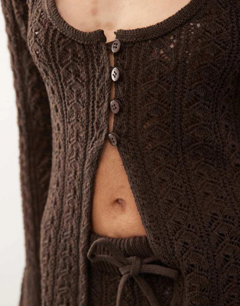 Reclaimed Vintage Reclaimed Vintage crochet button detail split front festival top co-ord in chocolate brown 2