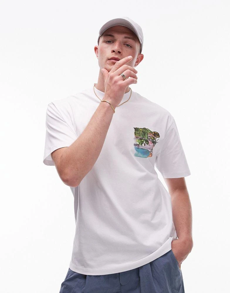 Topman Topman oversized fit t-shirt with watercolour riviera front and back print in white 5