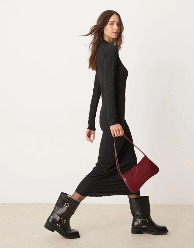 New Look New Look crinkle long sleeve midi dress in black 3