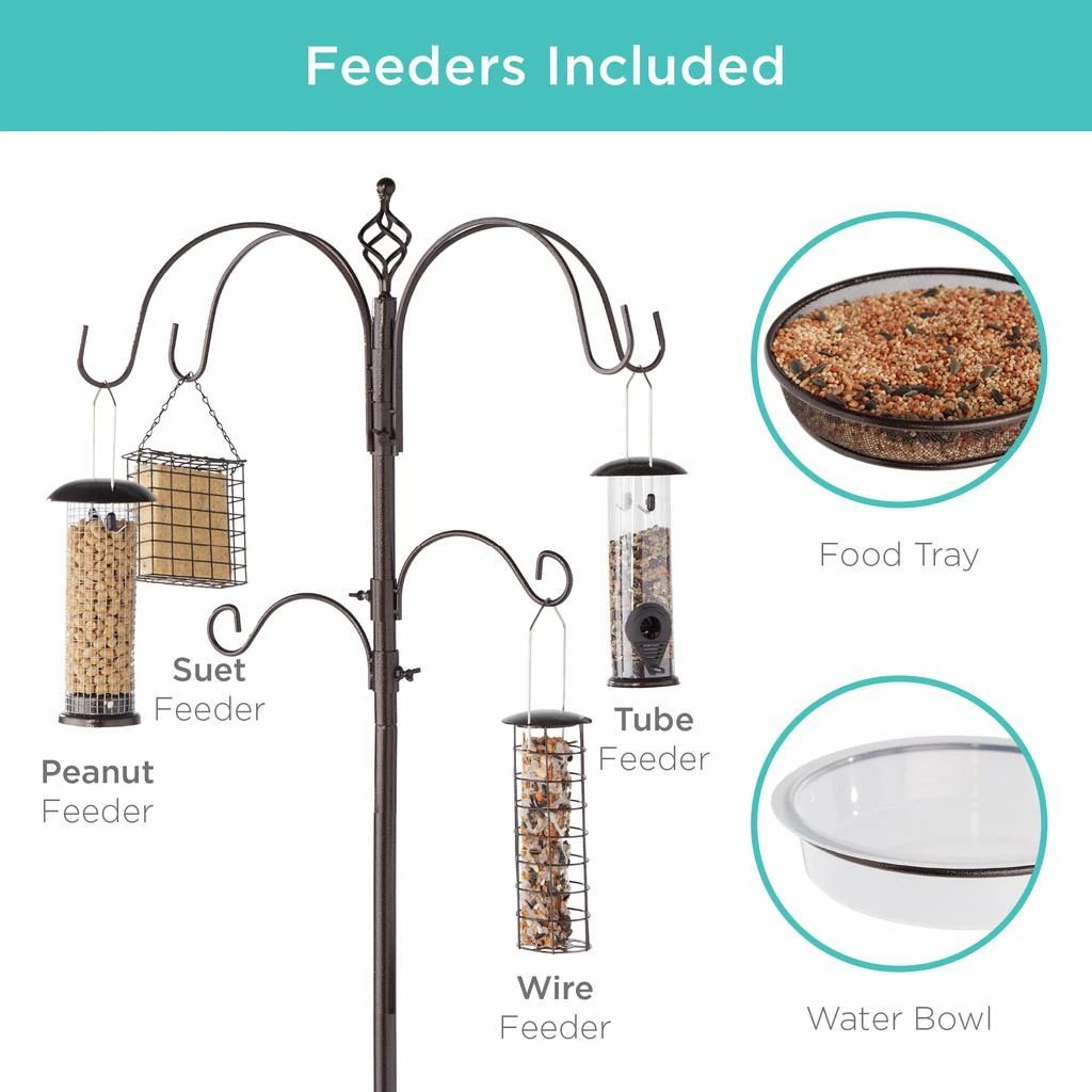 Best Choice Products 89in 6-Hook Bird Feeding Station, Steel Multi-Feeder Stand w/ 4 Feeders, Tray, Bird Bath 2