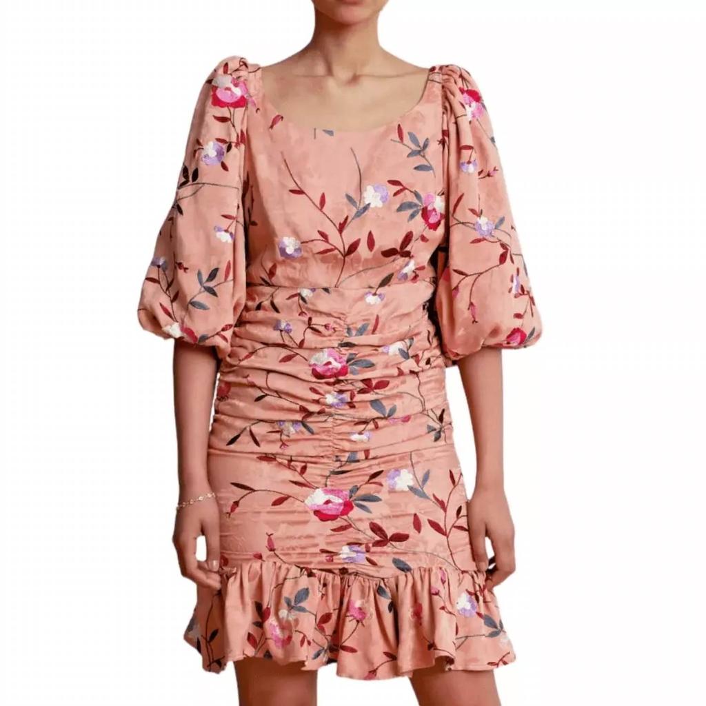 BYTIMO Ruched Floral Embroidered Jacquard Dress In Pink