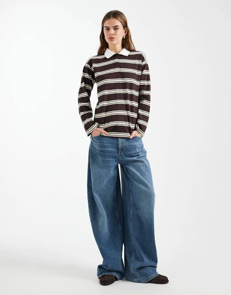 New Look New Look striped rugby polo top in brown 2