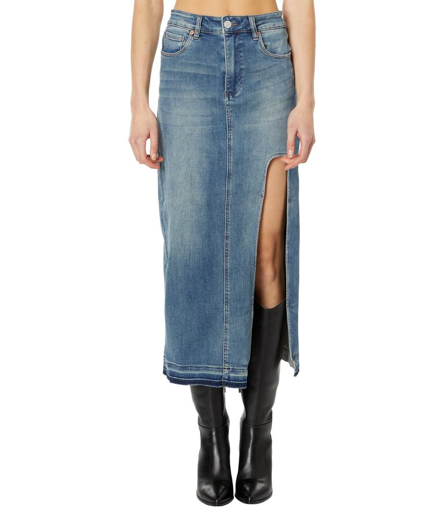 Blank NYC Denim Skirt with High Slit and Released Hem Finish in Shape Up