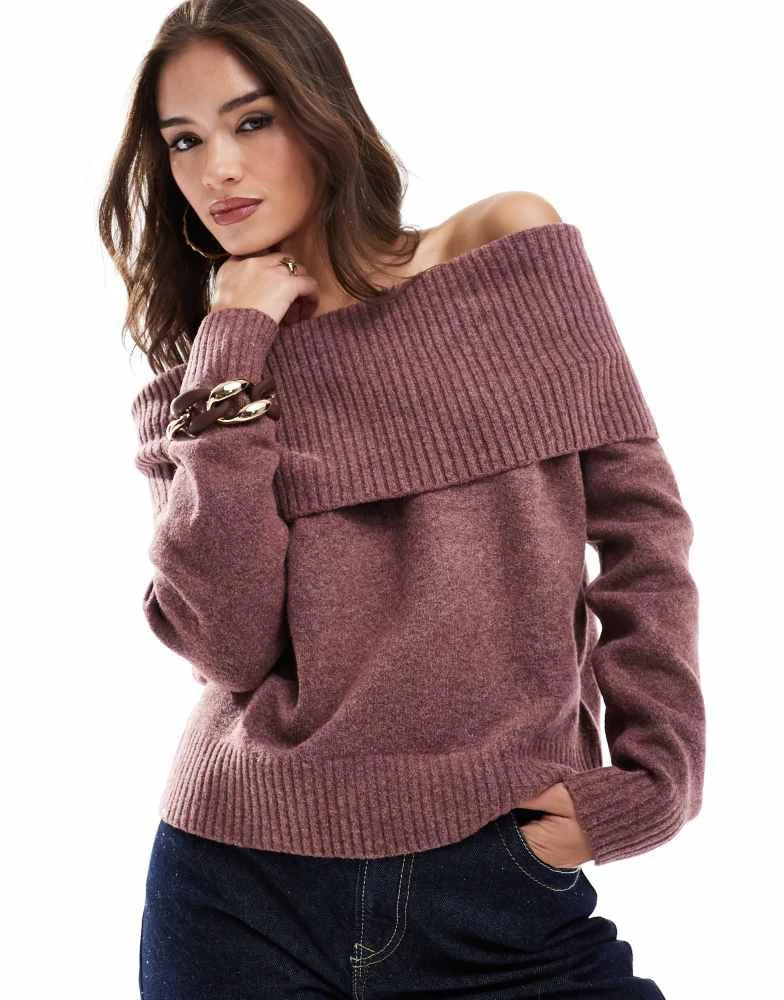 Pull&Bear Pull&Bear bardot knitted jumper in burgundy 1
