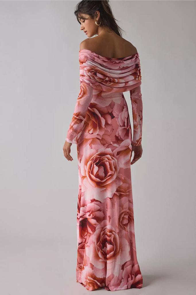 AFRM Thelma Peach Roses Mesh Off-The-Shoulder Long Sleeve Maxi