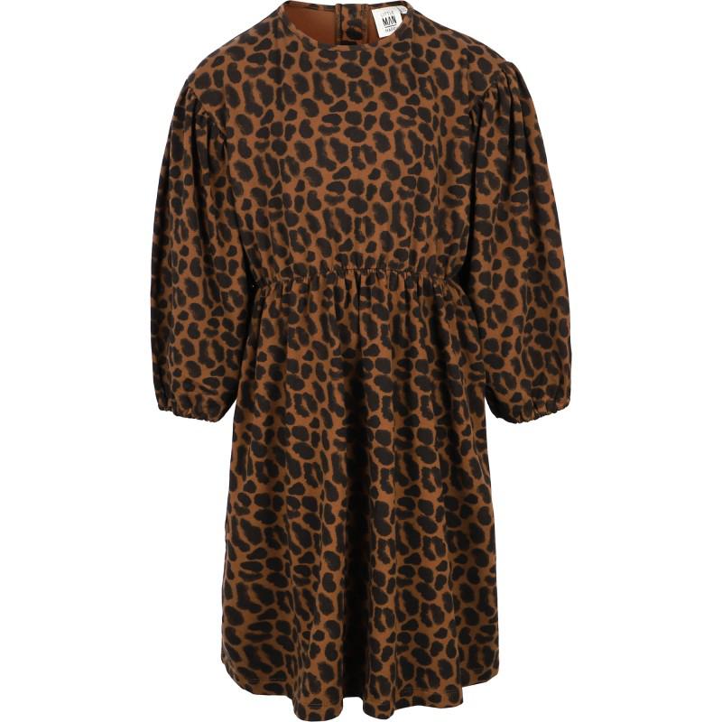 Little Man Happy Leopard print long sleeved organic dress in brown
