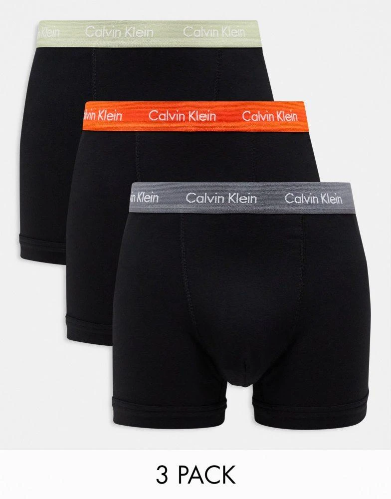 Calvin Klein Calvin Klein cotton stretch trunks 3 pack in black with coloured waistband 1