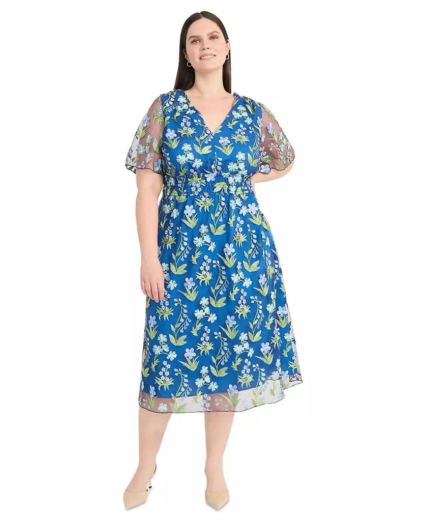 Maggy London Plus Size Chiffon Embroidered Flutter-Sleeve Dress