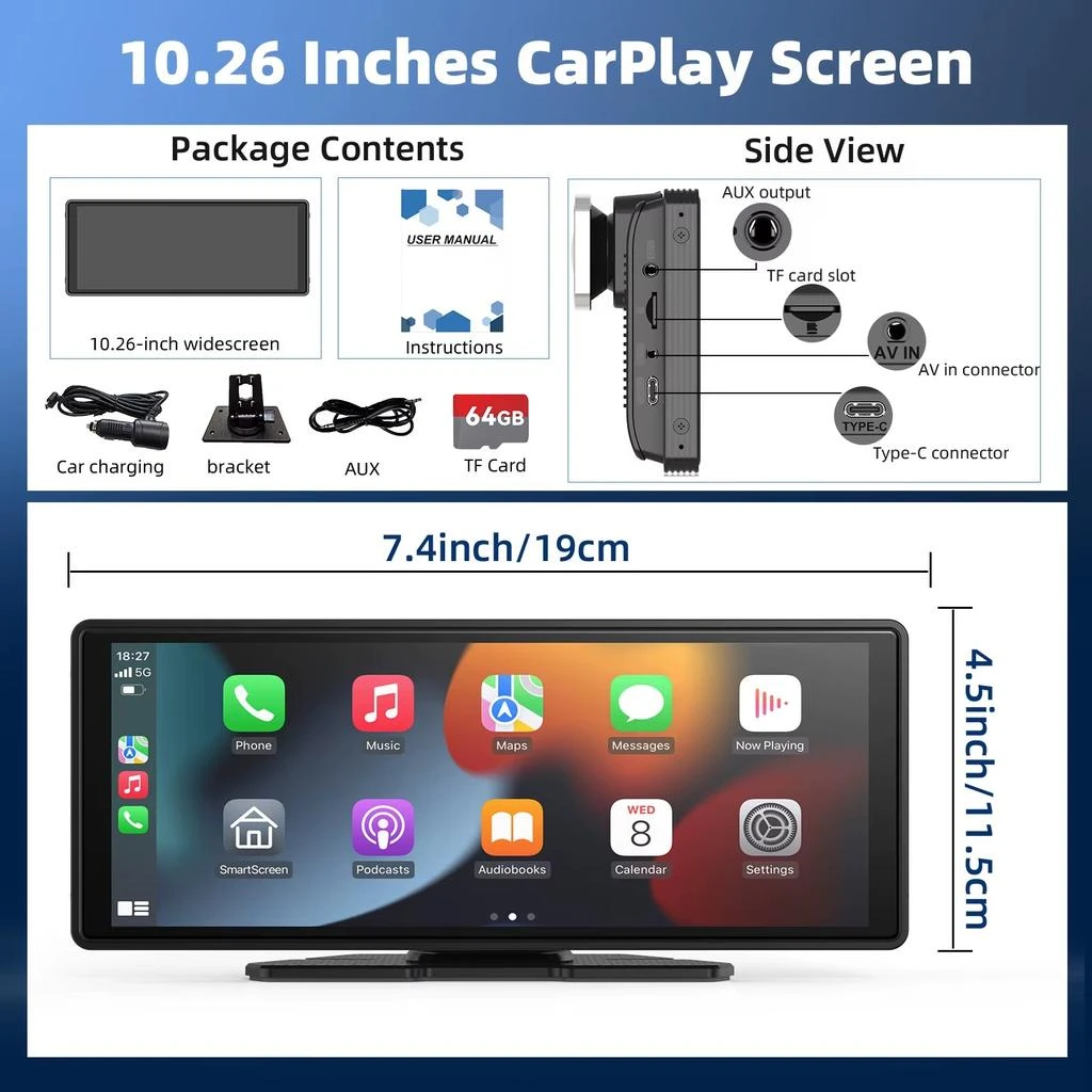 NONE Portable Wireless CarPlay Car Stereo with 10.26" HD Touchscreen, Android Auto, Mirror Link, and Backup Camera Compatibility - No Camera 3