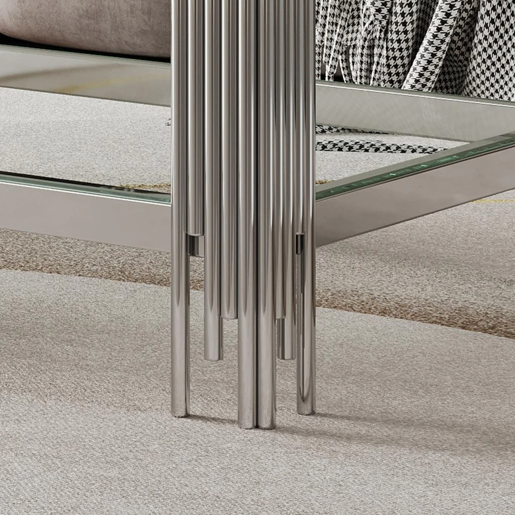 Streamdale Furniture Streamdale Double Layer Tempered Glass Coffee Table with Mirror Stainless Steel Frame 6