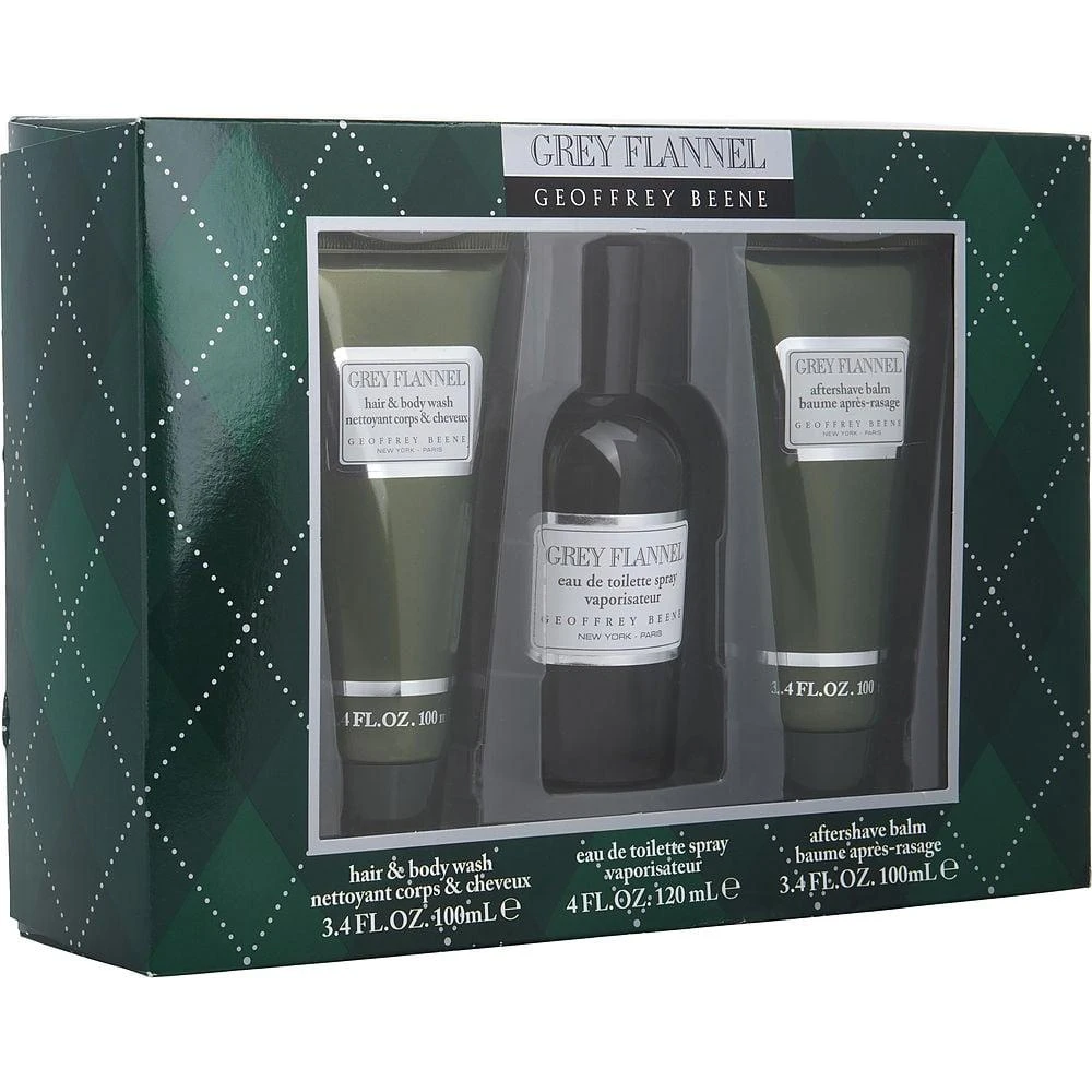 Geoffrey Beene Grey Flannel By  Edt Spray 4 Oz & Aftershave Balm 3.4 Oz & Hair & Body Wash 3.4 Oz Men 1
