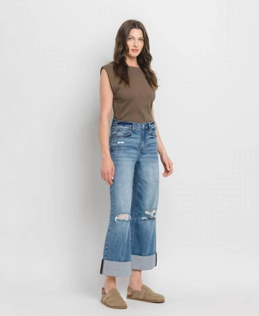 LOVERVET Rosy Super High Rise Double Cuffed Baggy Wide Jeans In Medium Wash 5